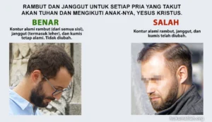 Dua pria berdampingan menunjukkan cara yang benar dan salah dalam merawat janggut dan rambut sesuai dengan perintah Tuhan seperti yang dijelaskan dalam Kitab Suci.