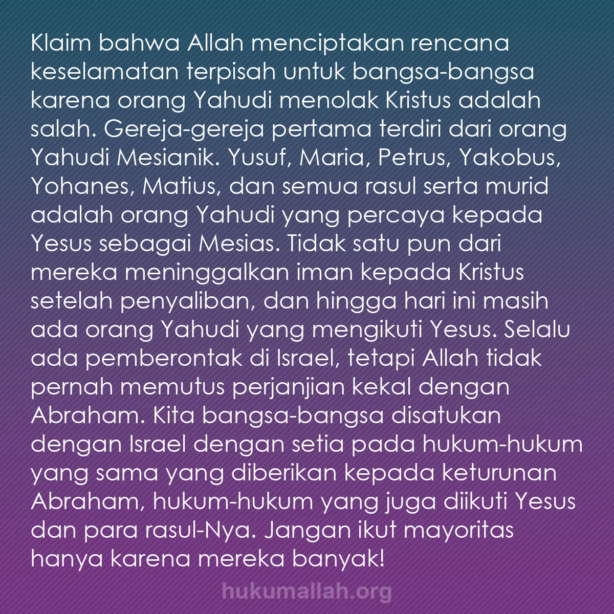 b0534 - Post tentang Hukum Allah: Klaim bahwa Allah menciptakan rencana keselamatan terpisah untuk...